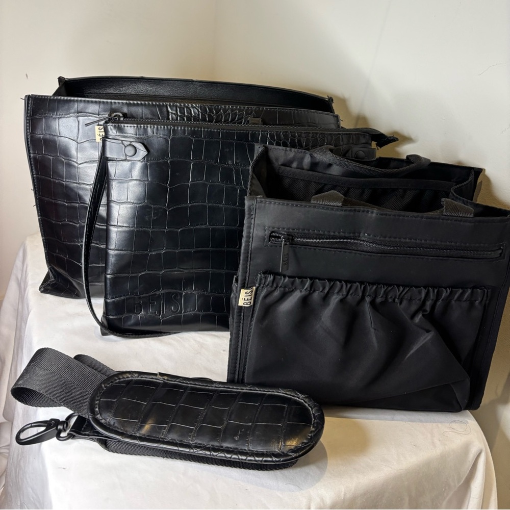 BEIS Mini Work Croc Embossed Faux Leather Tote + The Mini Tote Insert in Black